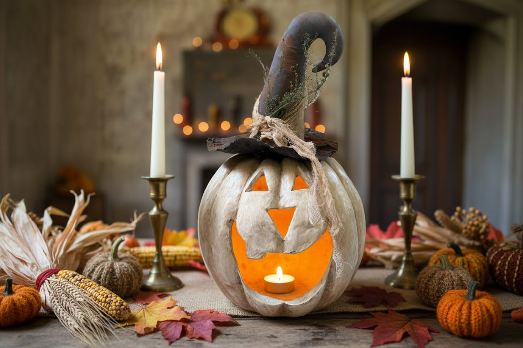 Halloween Fall Ragon House Collectable 15” White Big Mouth Pumpkin Luminary - The Primitive Pineapple Collection