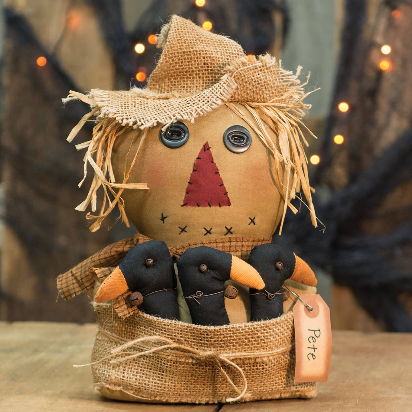 Primitive Fall Halloween Pete Scarecrow w/ Crows Doll 14" - The Primitive Pineapple Collection