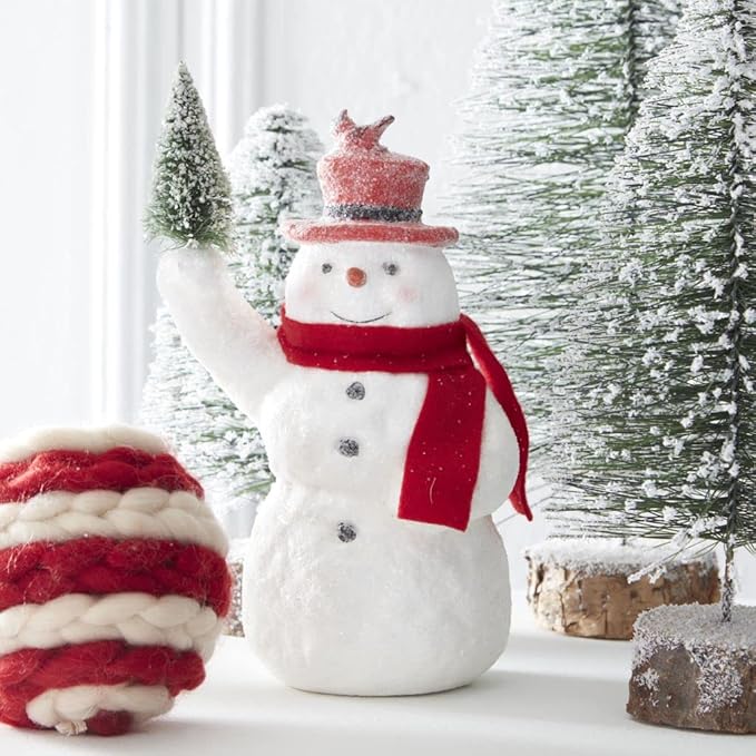 Primitive Christmas 10.25 Inch Sugar Glittered Snowman Holding Tree w/Red Top Hat - The Primitive Pineapple Collection