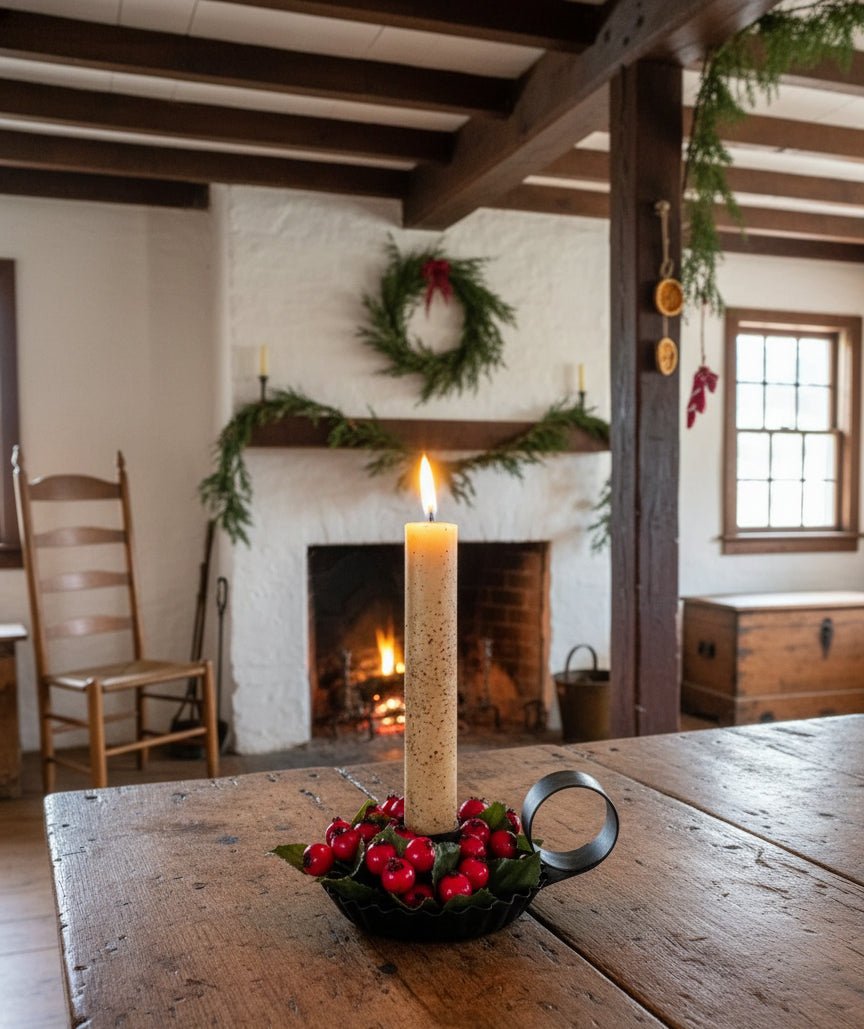 Primitive Colonial Christmas 1.25" Berry Candle Ring W/ Leaf - The Primitive Pineapple Collection