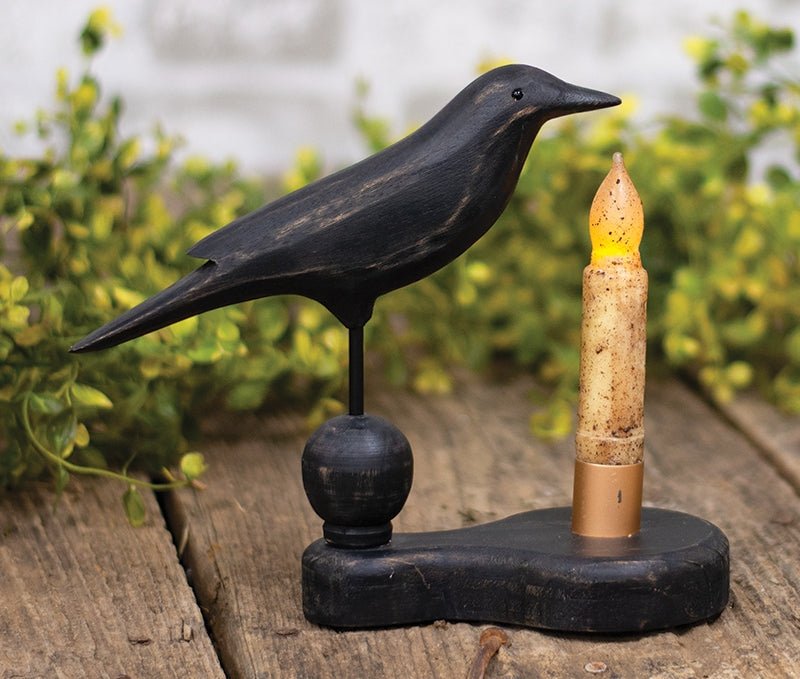 Primitive Farmhouse Black Wooden Crow Pedestal with Taper Candle Holder - The Primitive Pineapple Collection