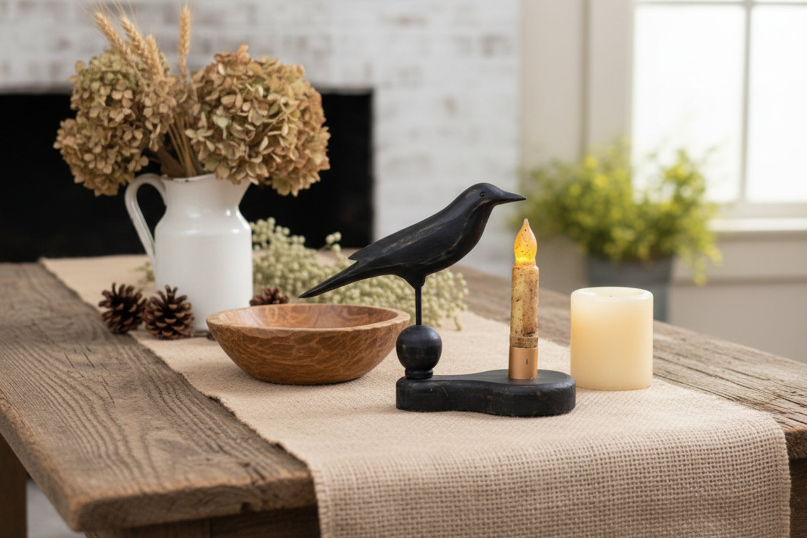 Primitive Farmhouse Black Wooden Crow Pedestal with Taper Candle Holder - The Primitive Pineapple Collection