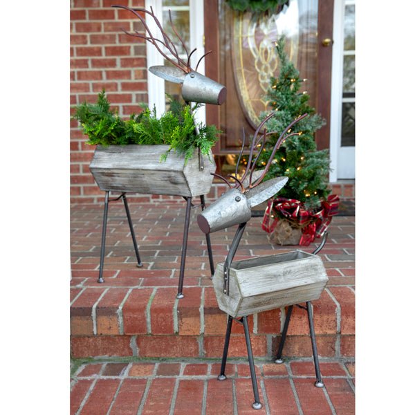 Farmhouse Christmas Large 2pc Metal Reindeer Planter Figurines - The Primitive Pineapple Collection