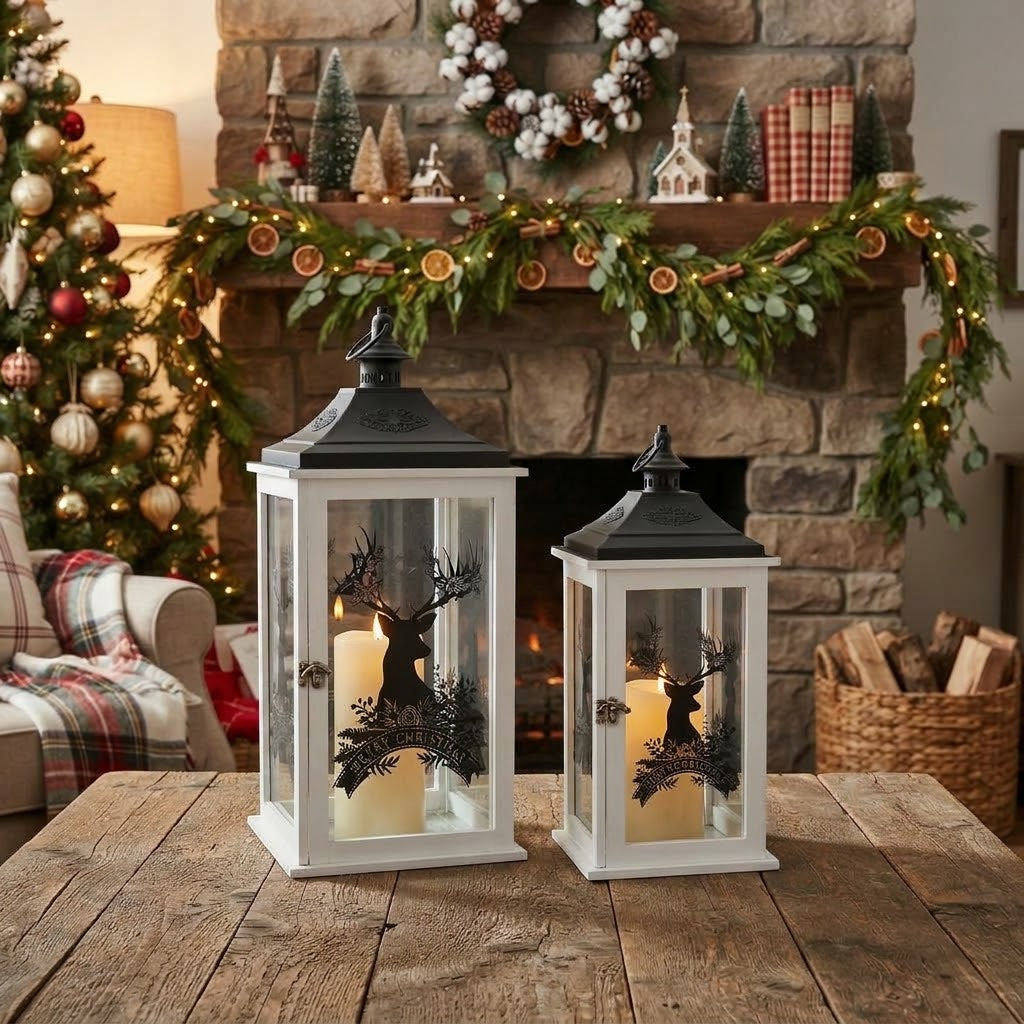 Merry Christmas Reindeer Lantern Set of 2, 17.5" & 22.75"