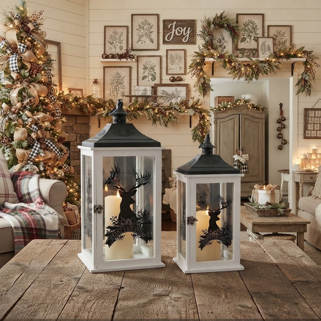 Merry Christmas Reindeer Lantern Set of 2, 17.5" & 22.75"