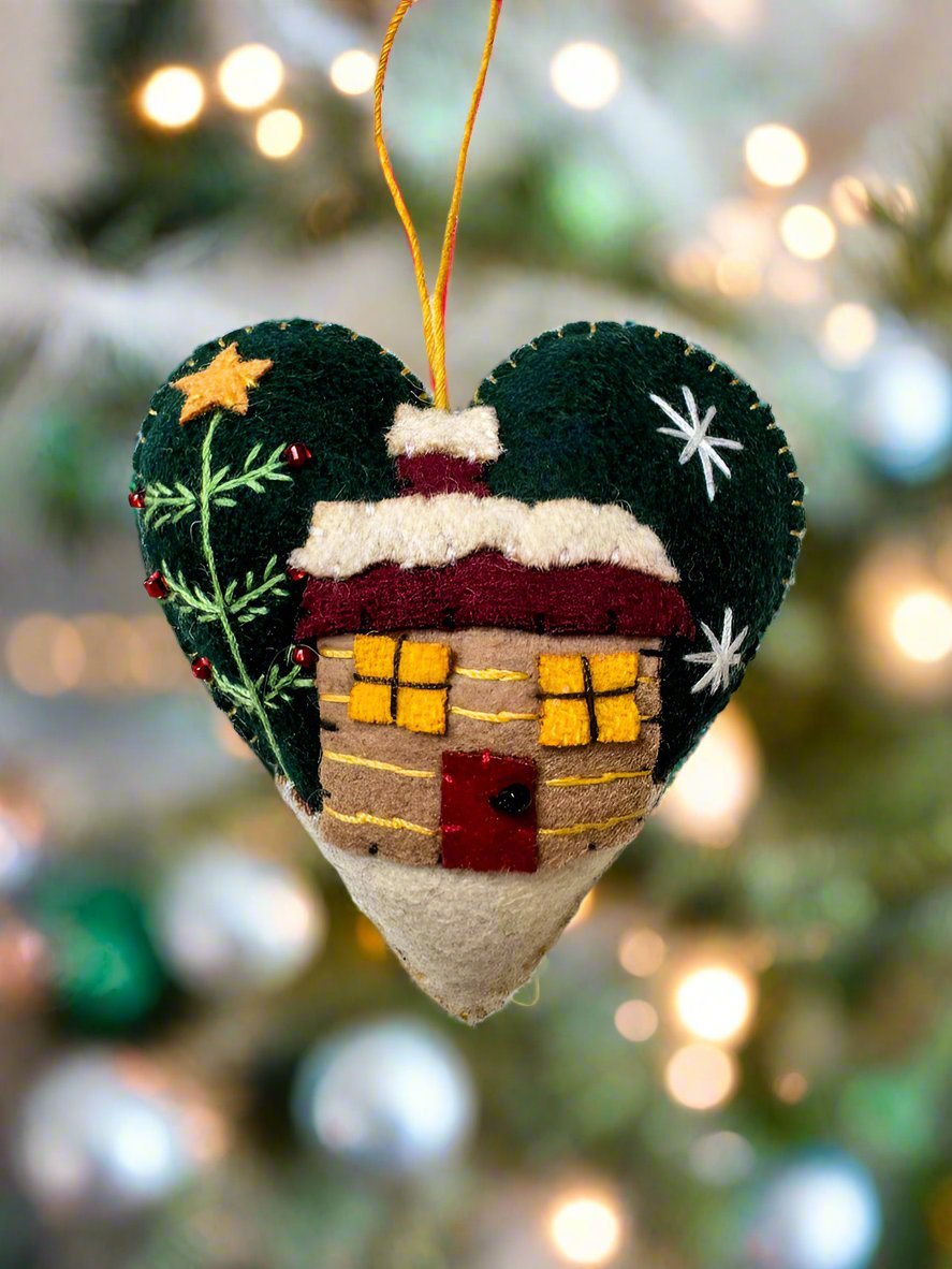 Primitive Christmas Handcrafted Felt 3” Green Heart with House Ornament - The Primitive Pineapple Collection