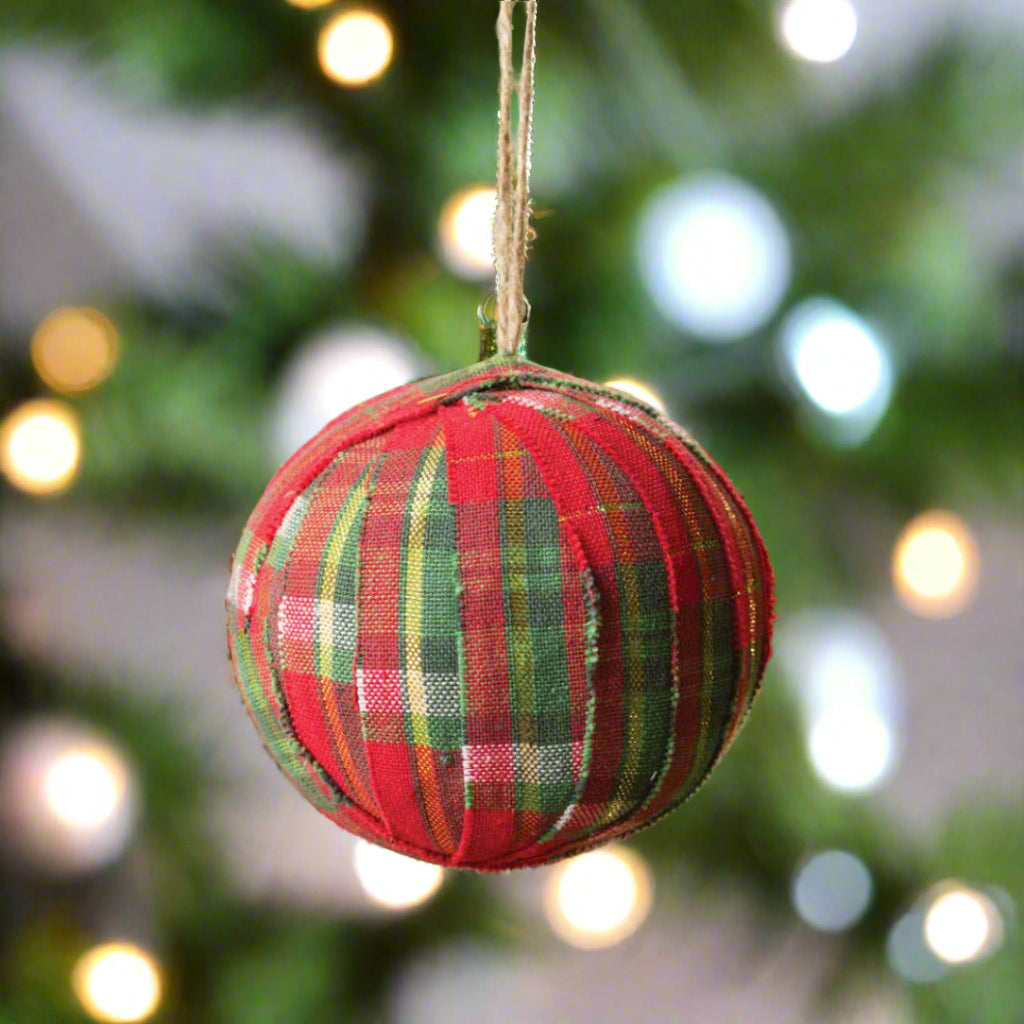 Primitive Christmas Denver Plaid Fabric Rag Ball Ornament