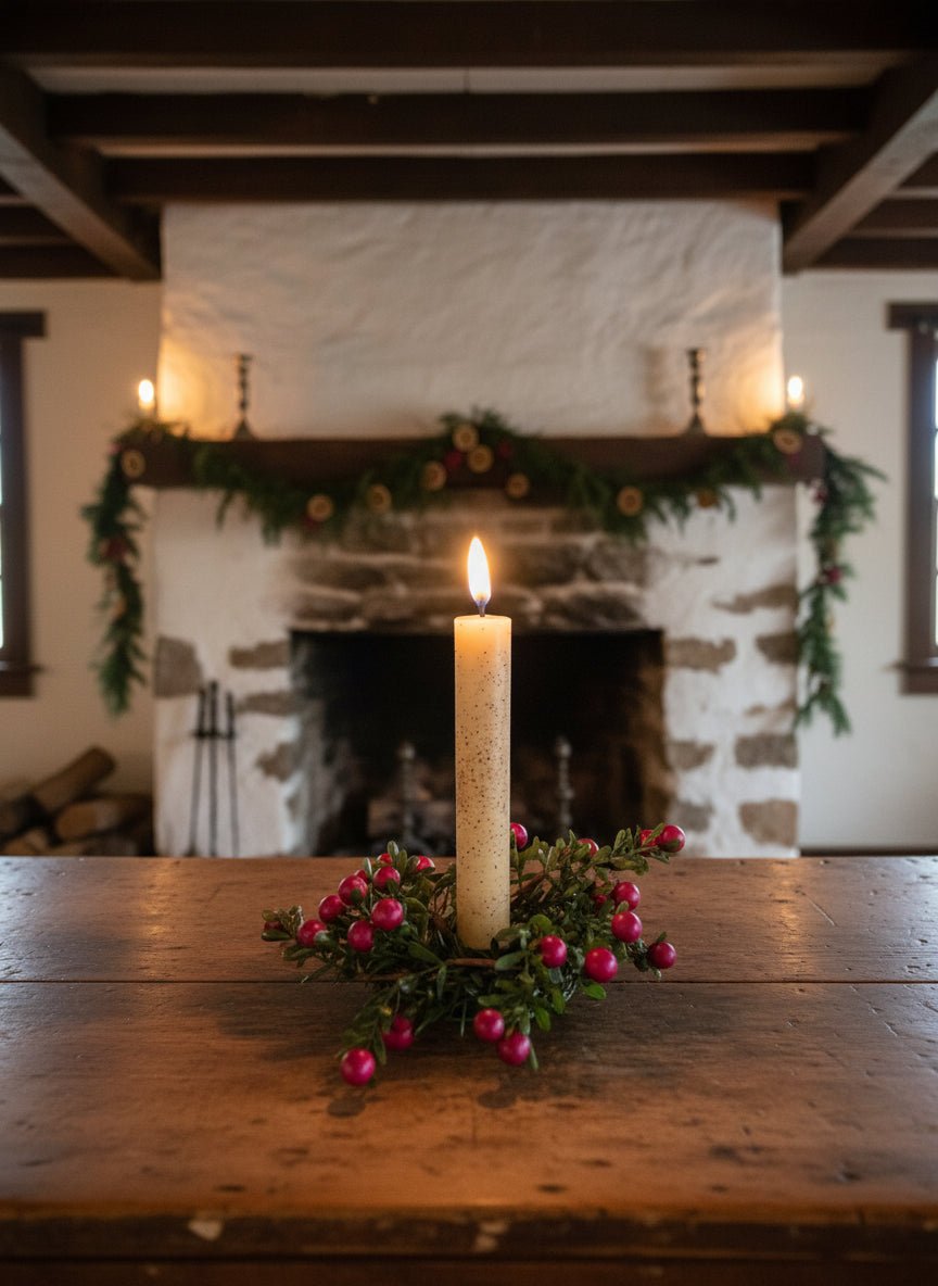 Primitive Colonial Christmas 1.25" Boxwood And Berry Candle Ring - The Primitive Pineapple Collection