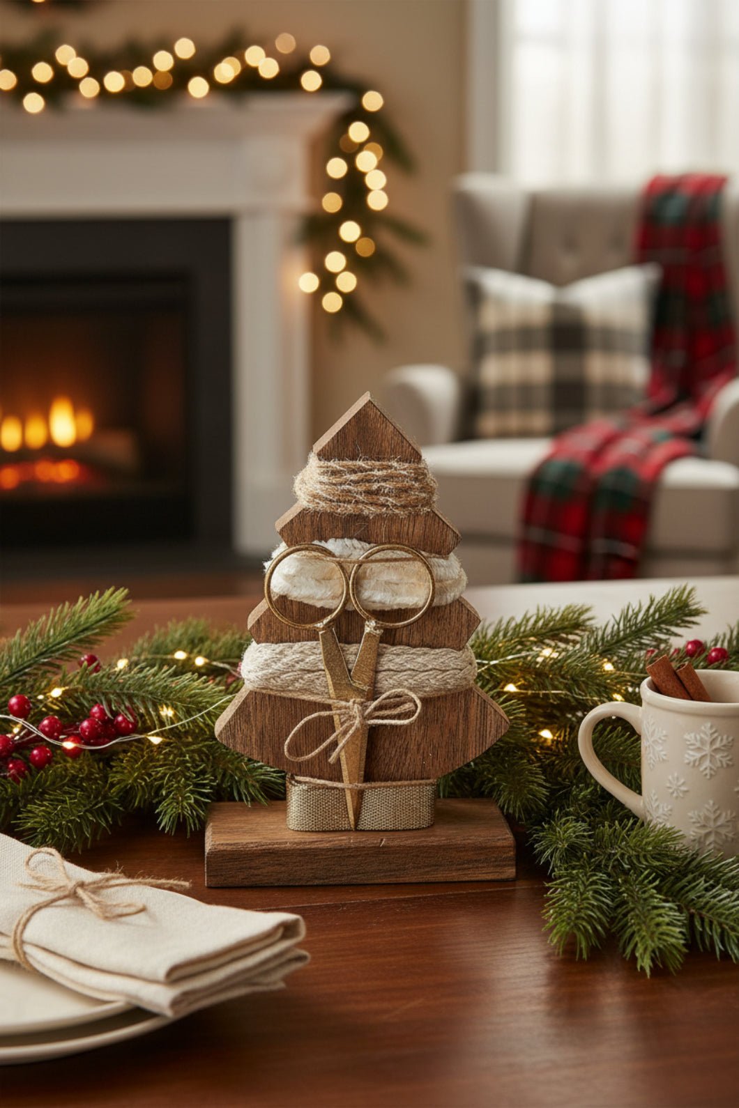Primitive Champagne Wood Tree w/ Ribbon & Scissor Christmas - The Primitive Pineapple Collection