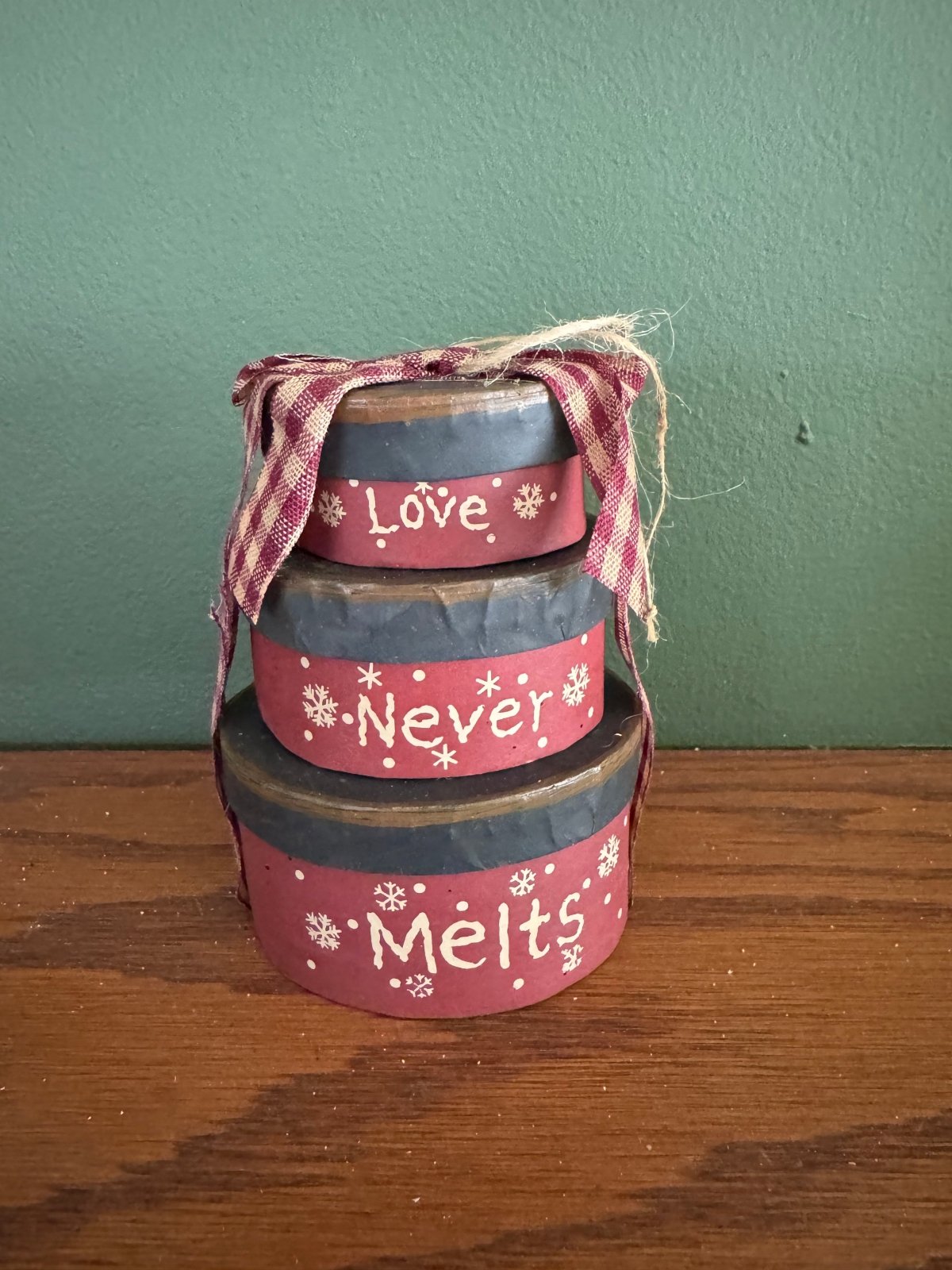 Primitive Farmhouse Stacked Love Never Melts Shaker Box Ornament 4"x3" - The Primitive Pineapple Collection