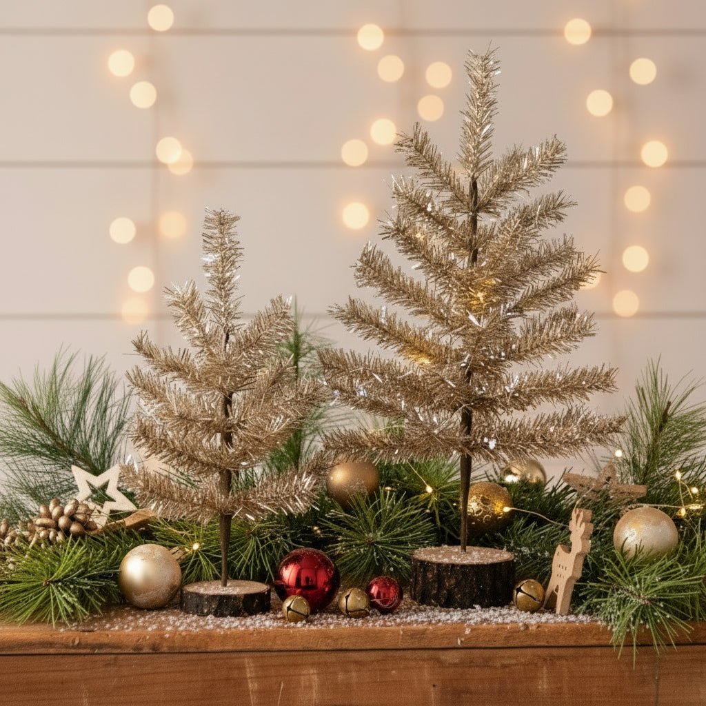 Primitive Christmas Retro Looking Tabletop Champagne Tinsel Christmas Trees 2 pc Set - The Primitive Pineapple Collection