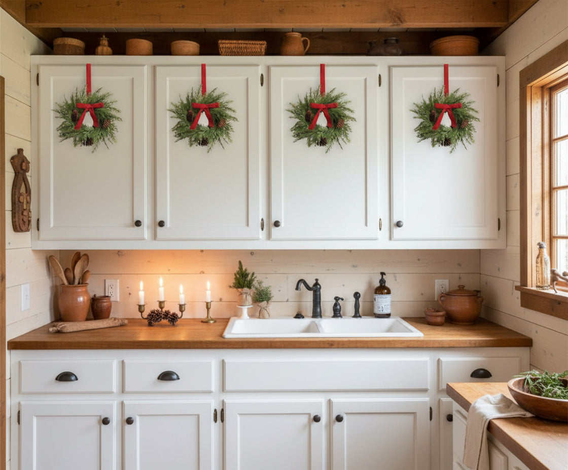 Primitive Country 13” Mini Wreath Hanger With Cones/ Red Velvet Bow - The Primitive Pineapple Collection