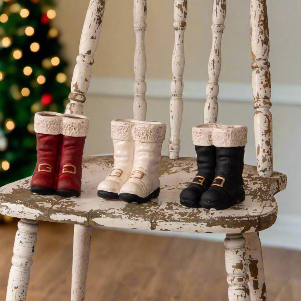 Primitive Farmhouse Christmas 4.5" Ceramic Santa Boots 3 Color Choices - The Primitive Pineapple Collection
