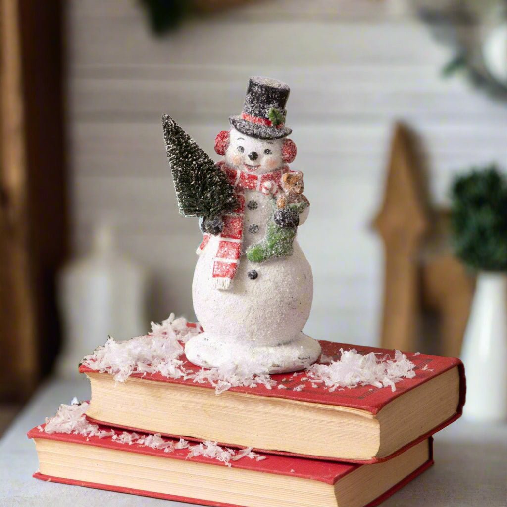 Glittery Vintage Snowman Figurine with Bottle Brush Tree - The Primitive Pineapple Collection