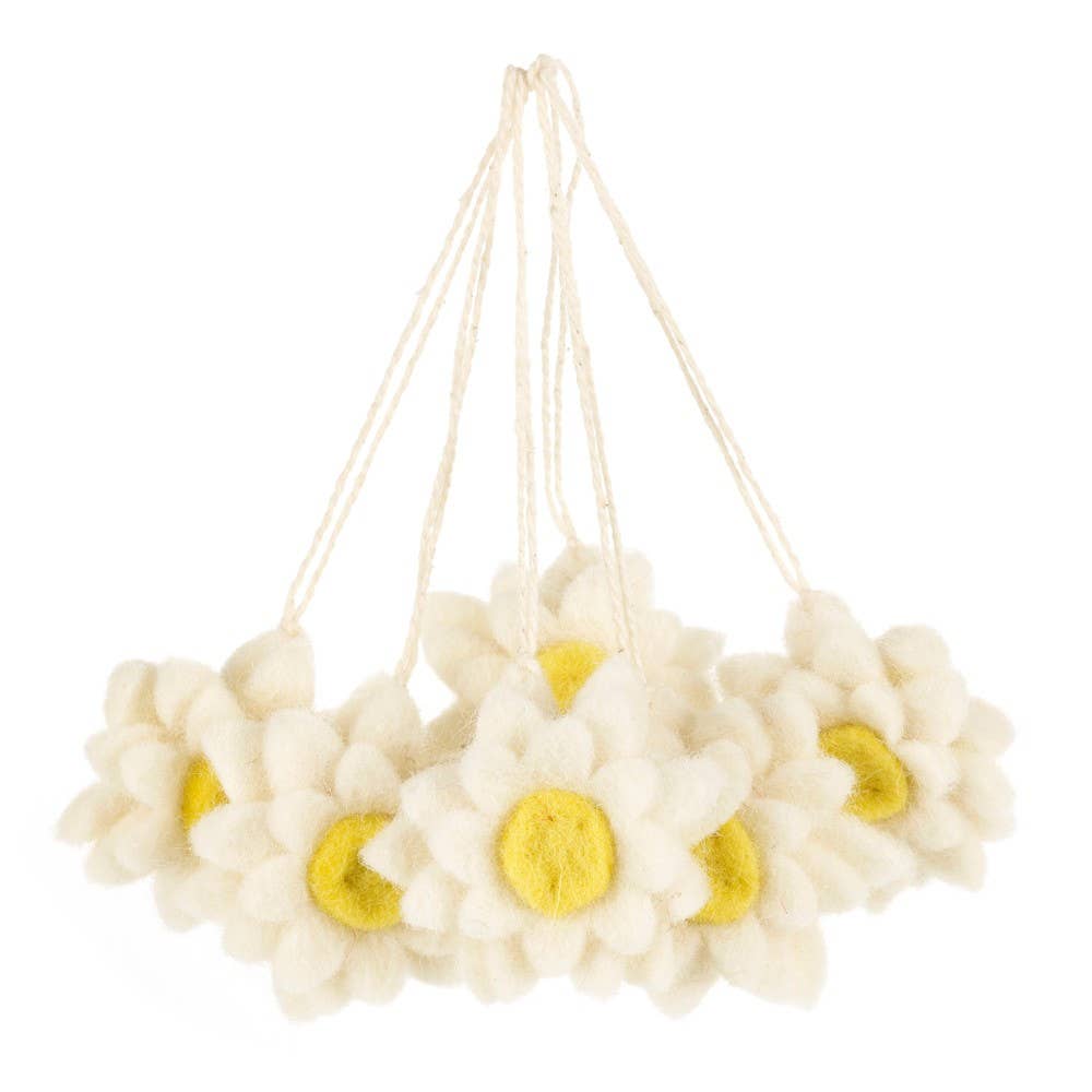 Primitive Folk Art Handmade Felted Wool Daisy 6 pc set Easter Ornament 2" - The Primitive Pineapple Collection