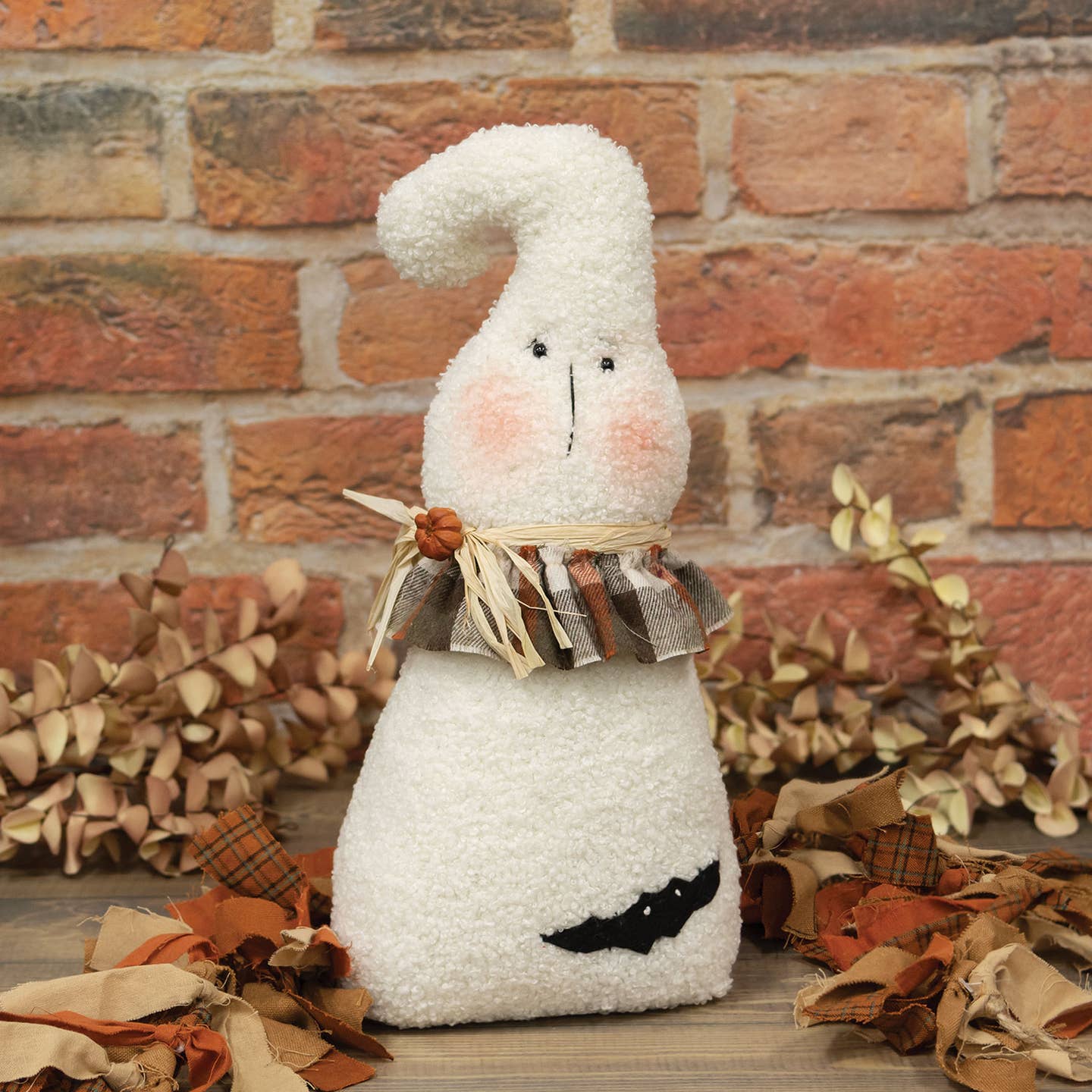 Primitive Rustic Halloween 12.5"Stuffed Plaid Ruffled Ghost Doll W/Bat - The Primitive Pineapple Collection