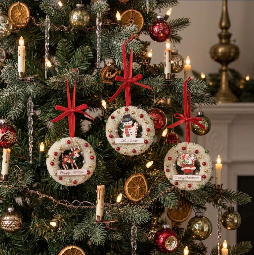 Retro Christmas 5"White Bottle Brush Wreath 3 Styles