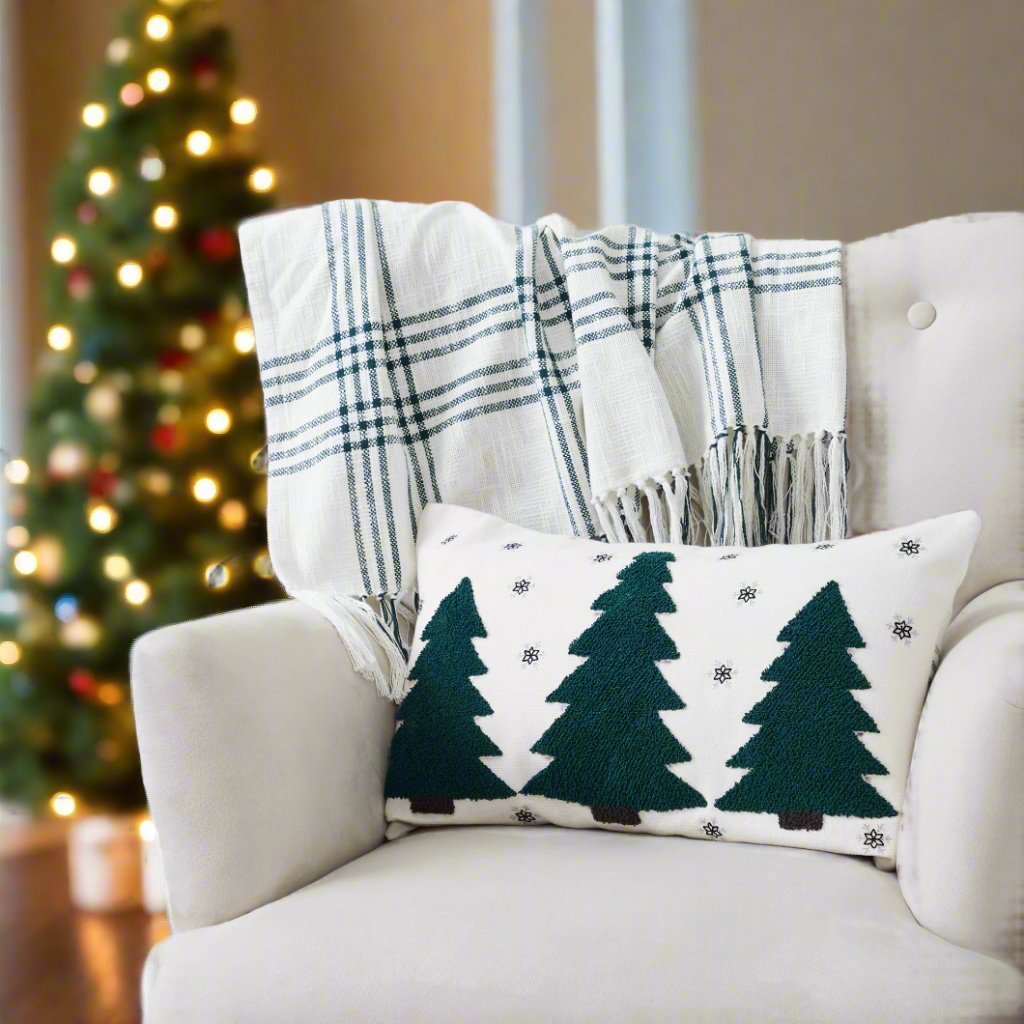 Primitive Christmas Pine Grove Plaid Embroidered Trees Pillow 14x22 - The Primitive Pineapple Collection