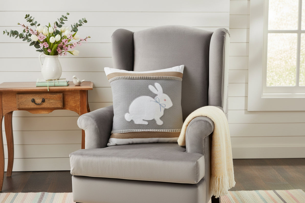 Primitive Spring Easter Burlap Applique Bunny Pillow 18x18 - The Primitive Pineapple Collection