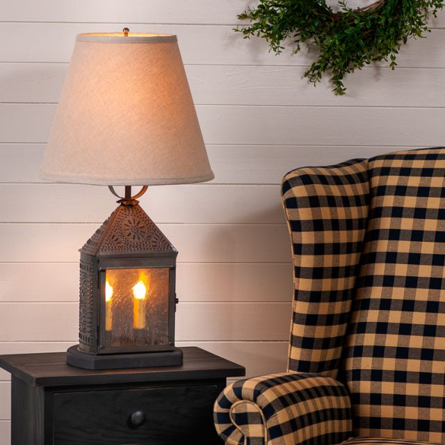 Primitive Colonial Harbor Lamp with Linen Empire Shade in Kettle Black - The Primitive Pineapple Collection