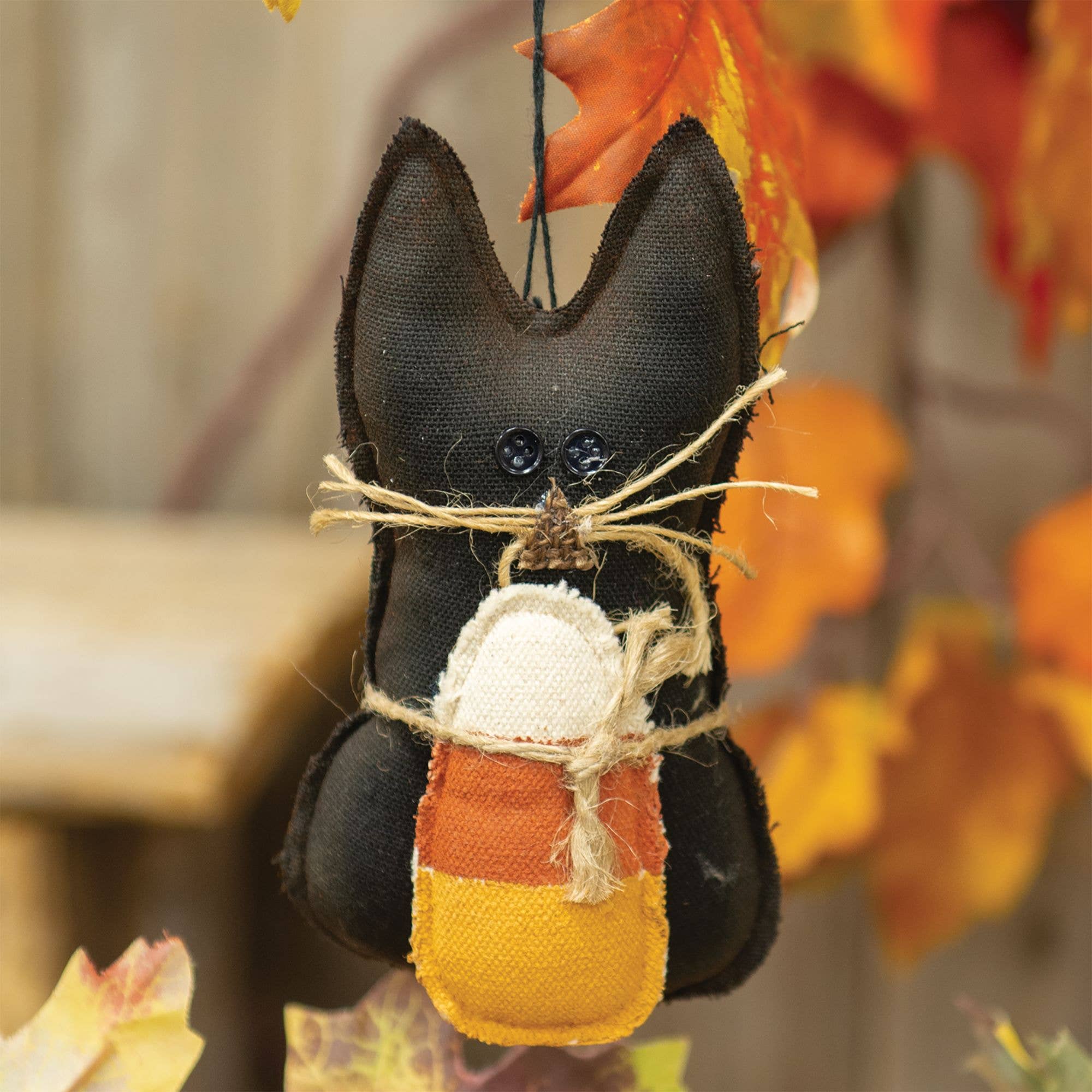 Primitive Halloween Cat with Candy Corn Ornament 6"