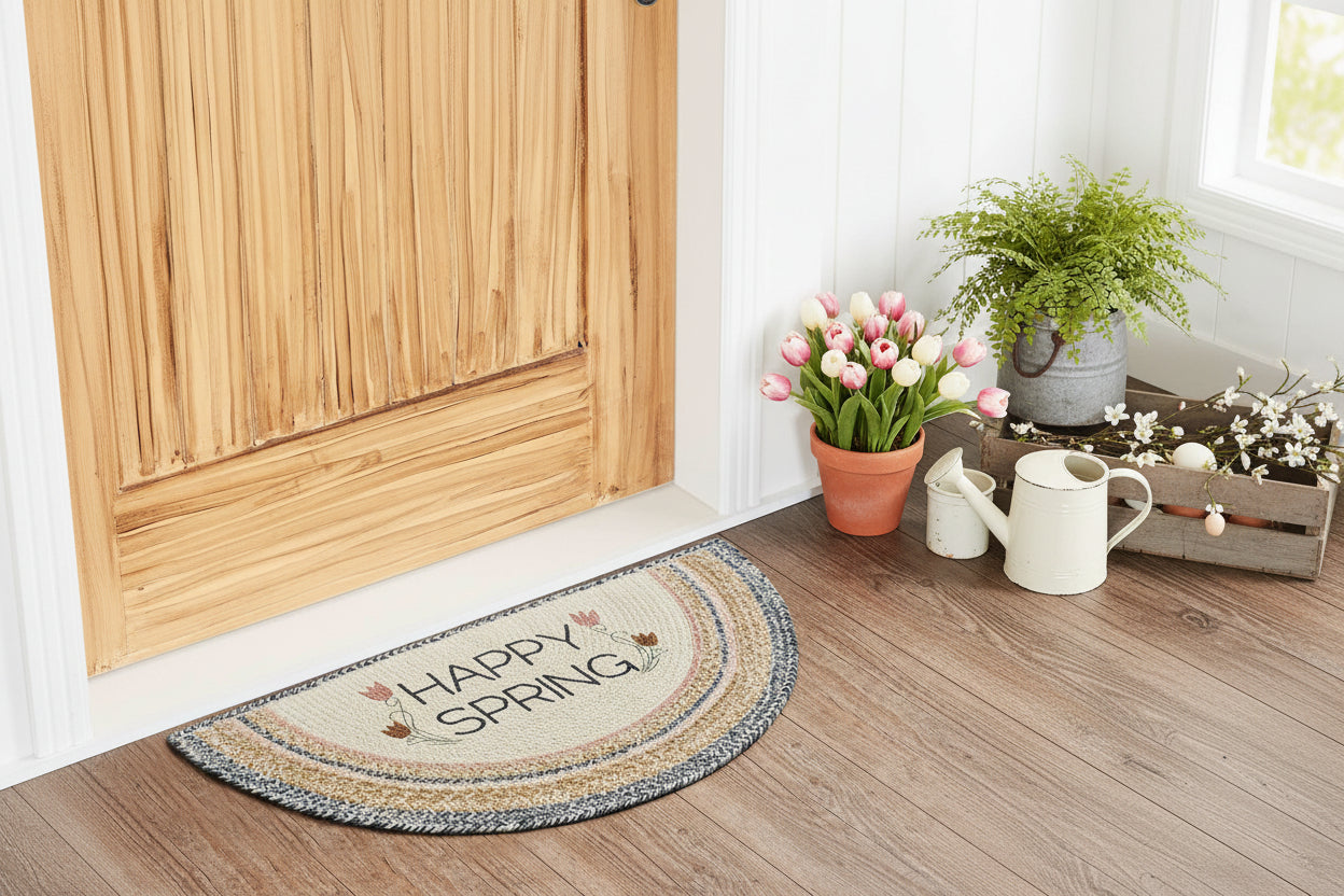 Primitive Farmhouse Easter Spring Kaila Happy Spring Jute Half Circle 19.5x36 - The Primitive Pineapple Collection