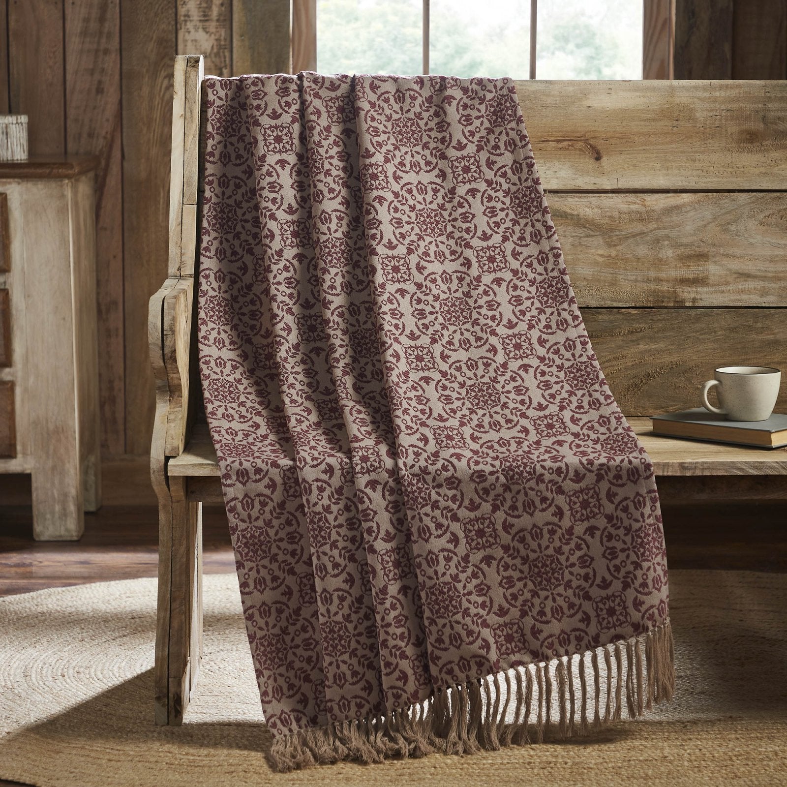 Primitive Farmhouse Custom House Burgundy Tan Jacquard Woven Throw 50x60 - The Primitive Pineapple Collection