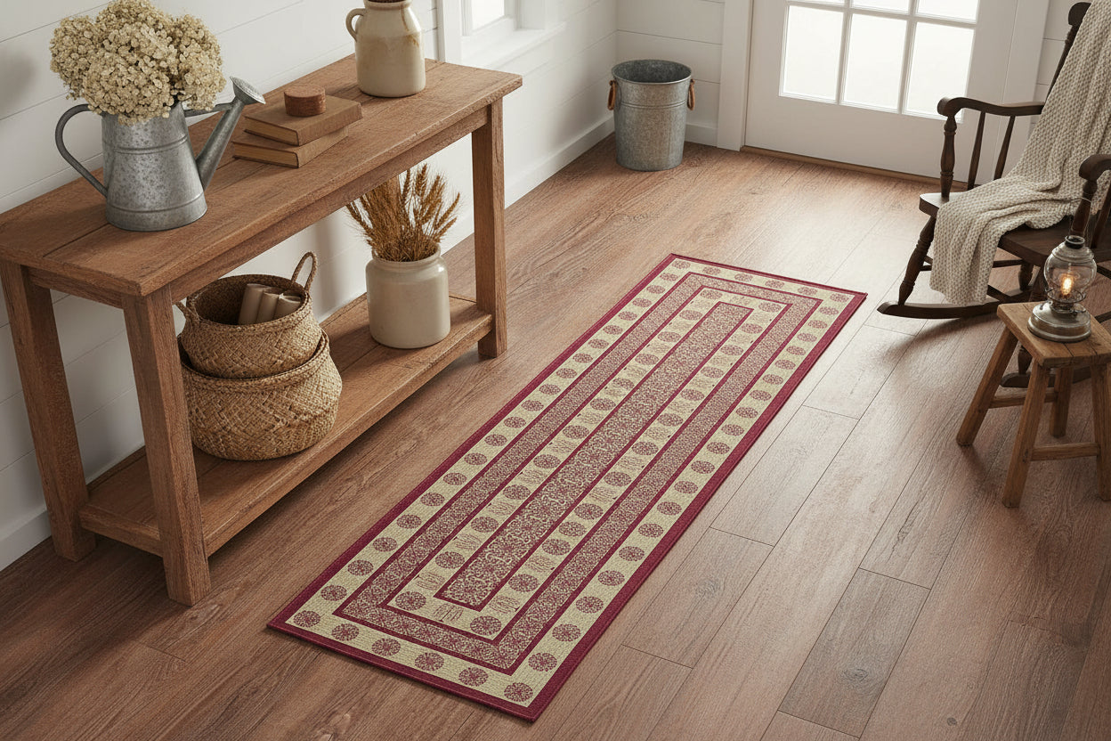 Primitive Farmhouse Burgundy Tan Jacquard Polyester Rug/Runner Rect 22x78 - The Primitive Pineapple Collection