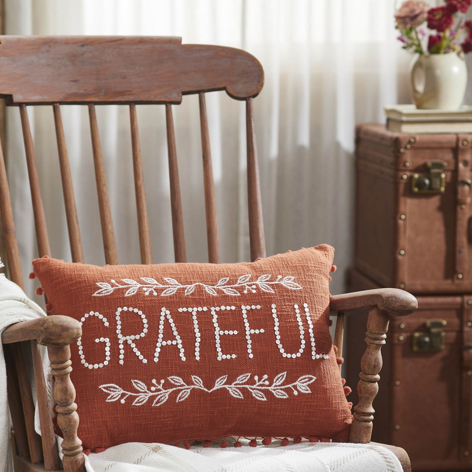 Primitive Fall Vintage Look Grateful Pom Pom Pillow 14x20 - The Primitive Pineapple Collection