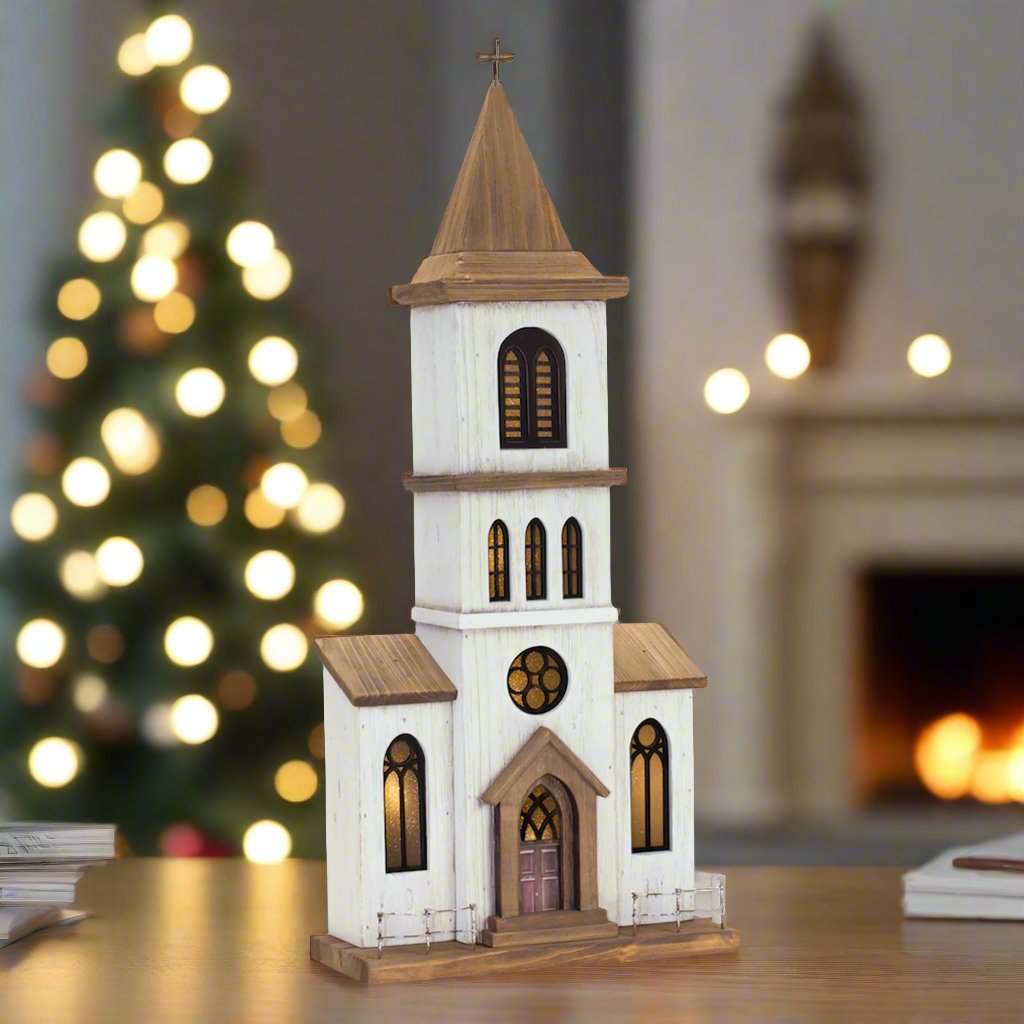 Primitive Rustic Christmas 25.25” White Wood Church Lights up Electric - The Primitive Pineapple Collection