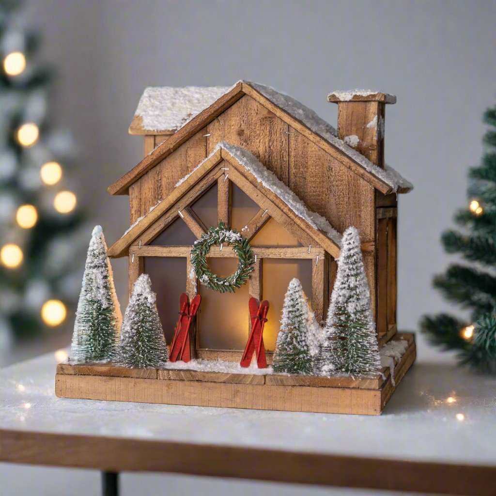 Primitive Rustic Christmas 13.75” Wood Ski Lodge Lights up Electric - The Primitive Pineapple Collection