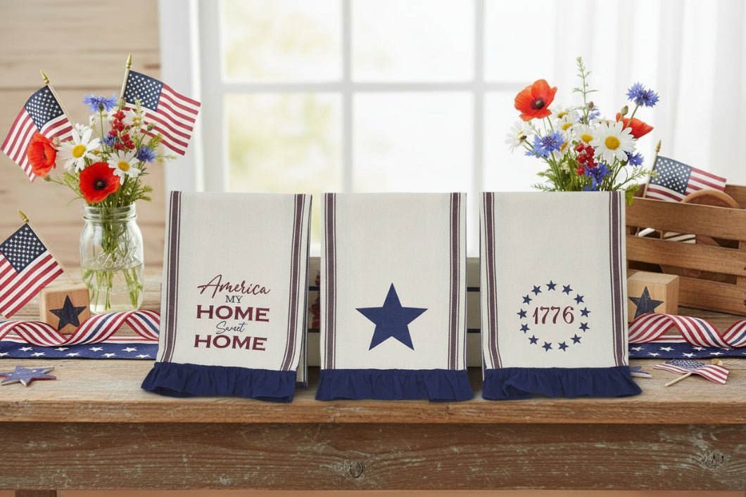 Americana Ruffled Tea Towels Set of 3 | Patriotic Kitchen Decor - The Primitive Pineapple Collection