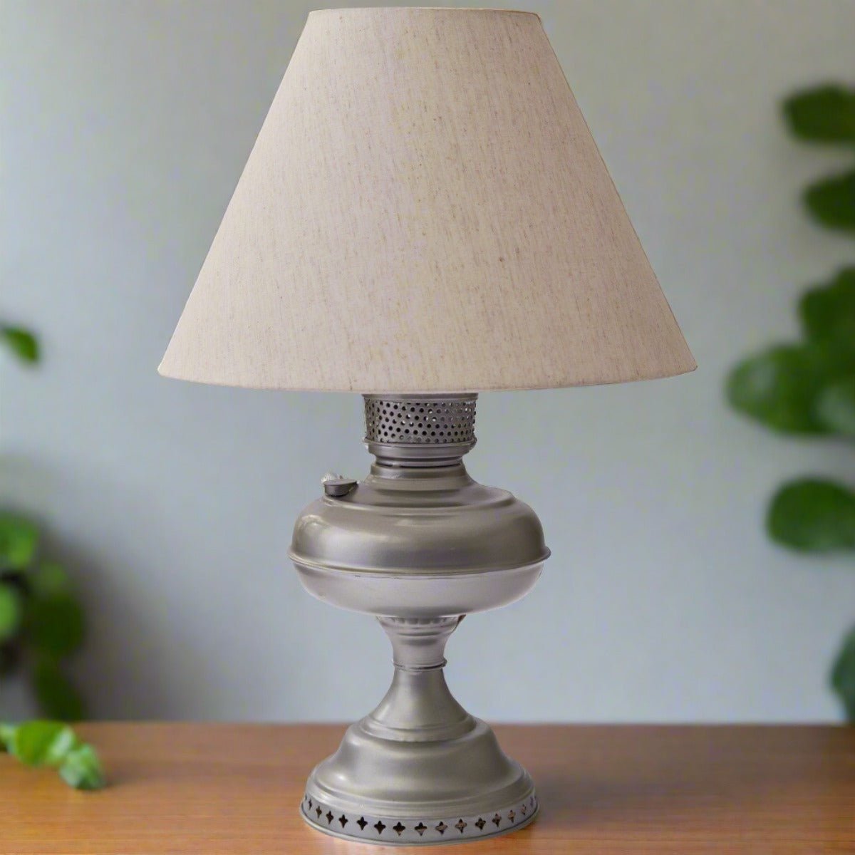 Primitive Colonial Reproduction Antique Pewter Oil Lamp W/Shade - The Primitive Pineapple Collection