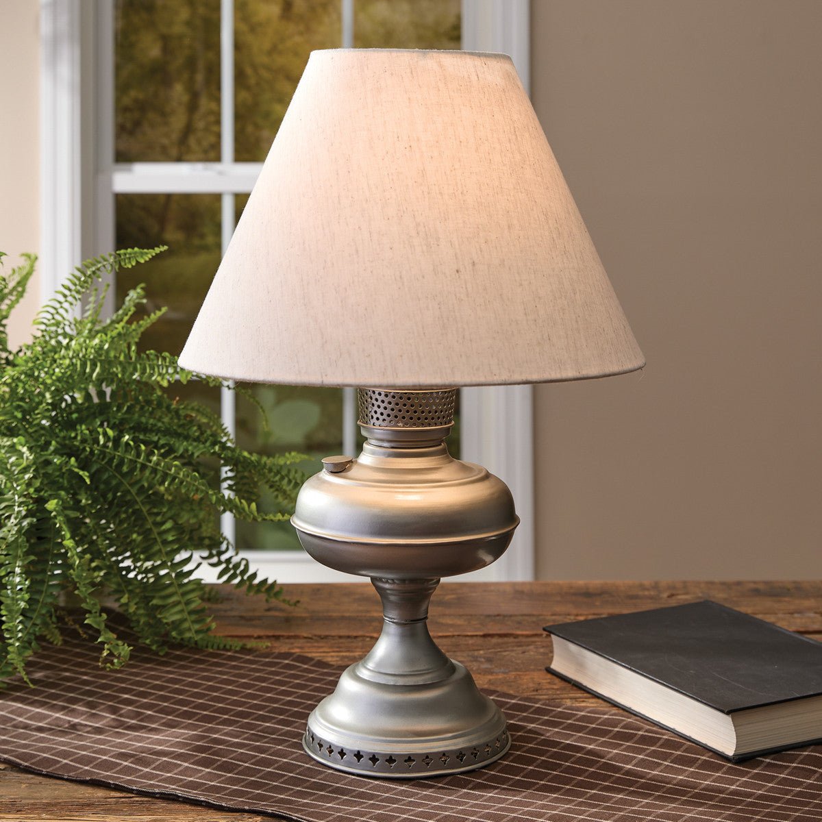 Primitive Colonial Reproduction Antique Pewter Oil Lamp W/Shade - The Primitive Pineapple Collection