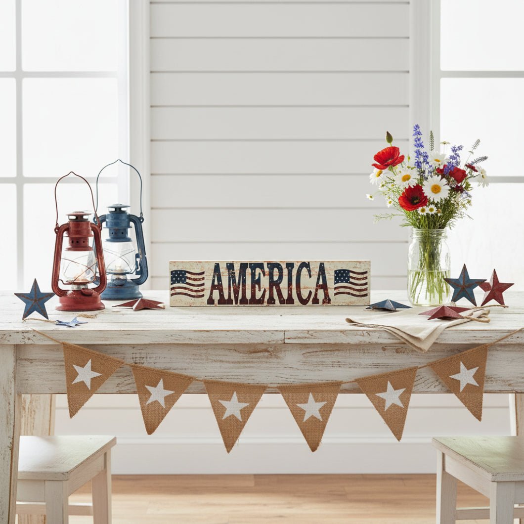 Farmhouse My Country AMERICA Two Flags Wall Hanging 3x14x0.75 - The Primitive Pineapple Collection