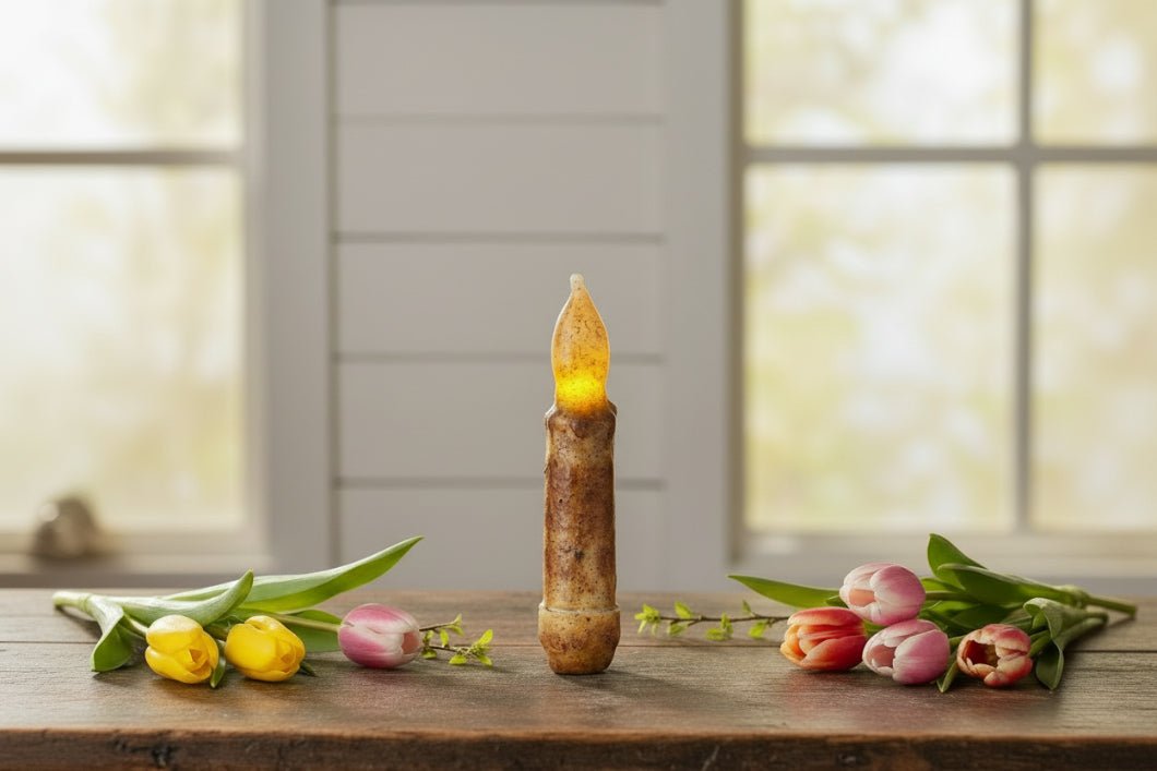 Primitive/Country 4" Battery Operated Tan Taper Candle W/Timer - The Primitive Pineapple Collection