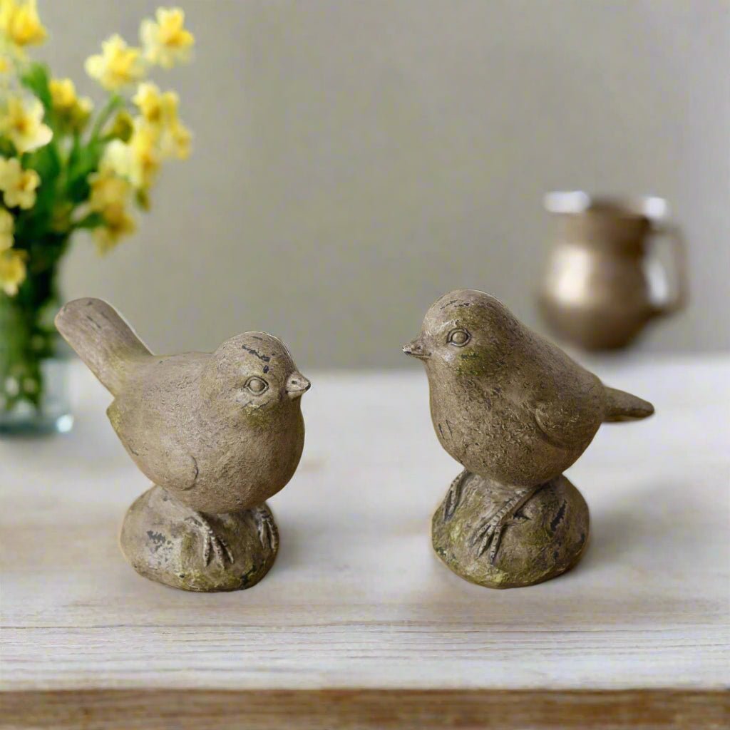 Primitive Farmhouse Vintage Look 2 pc Cement Finish Birds - The Primitive Pineapple Collection