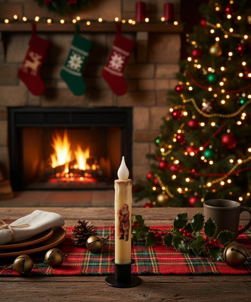 Primitive Handcrafted Christmas 7" Santa ‘Checkin it Twice’ LED Timer Taper Candle - The Primitive Pineapple Collection