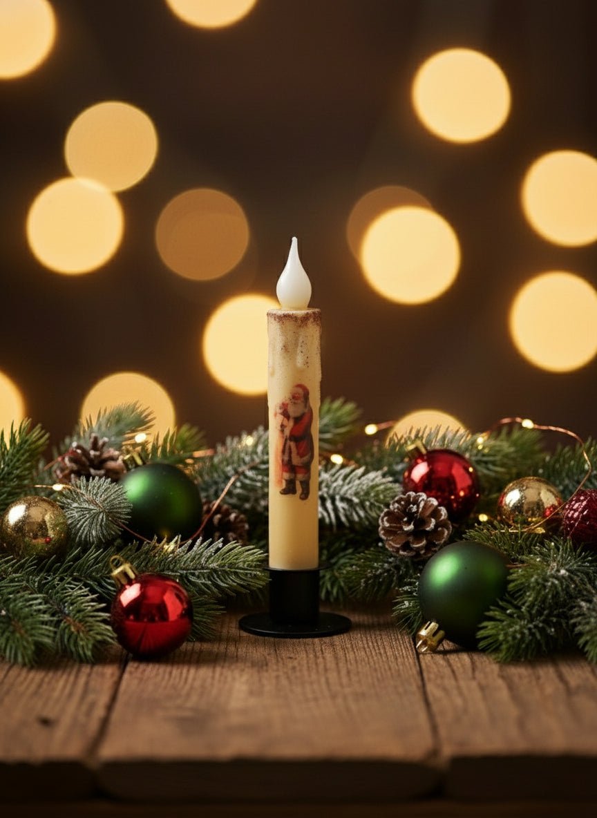 Primitive Handcrafted Christmas 7" Santa ‘Checkin it Twice’ LED Timer Taper Candle - The Primitive Pineapple Collection