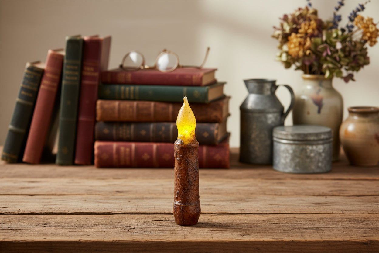 Primitive/Country 4" Battery Operated Mustard Taper Candle W/Timer - The Primitive Pineapple Collection