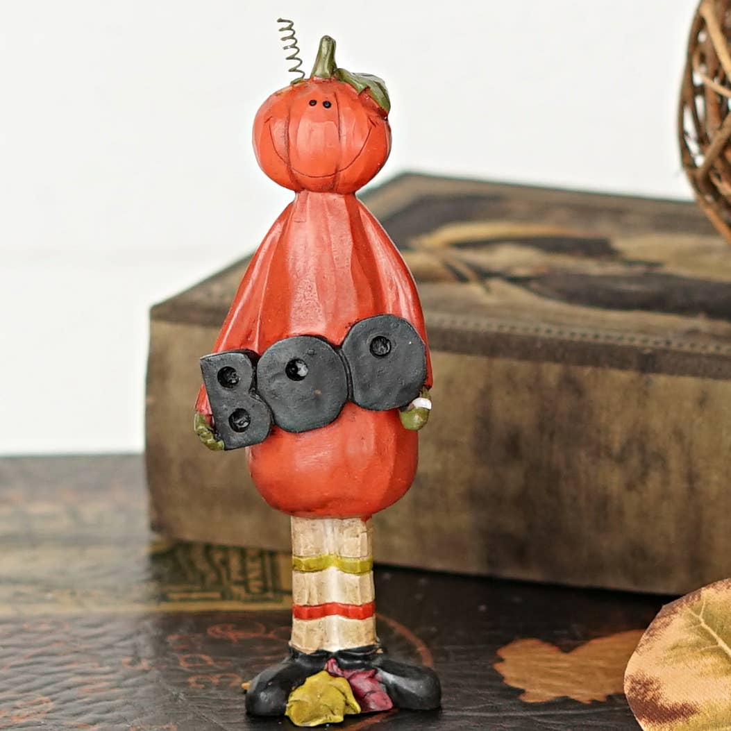Primitive Halloween Jack O Lantern Boy w/ Boo Sign Figurine 5" Shelf Sitter - The Primitive Pineapple Collection