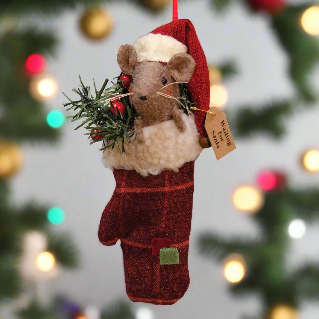 Primitive Christmas Mouse Doll in Plaid Mitten w/ Greens 8” - The Primitive Pineapple Collection