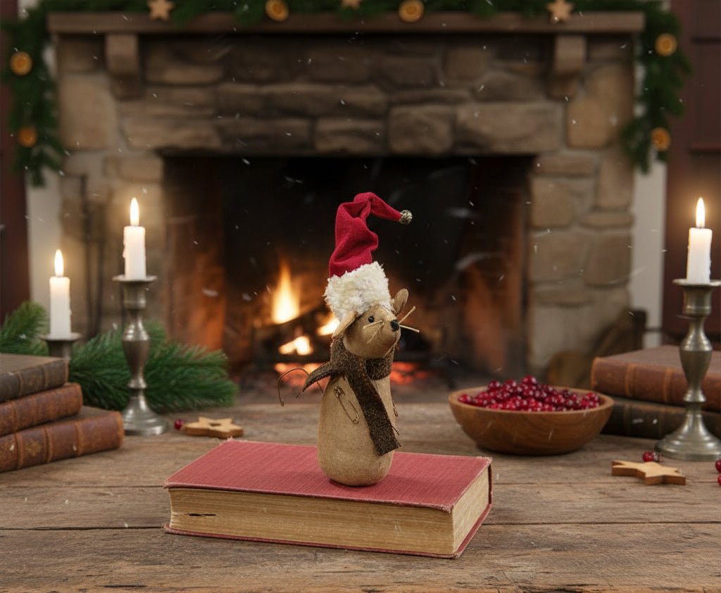 Primitive Christmas Santa Mouse w/ Hat Shelf Sitter - The Primitive Pineapple Collection
