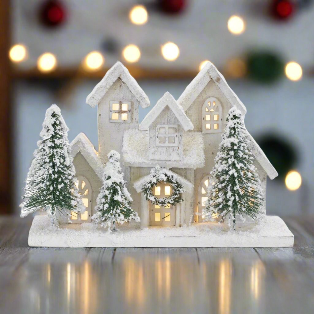 Christmas Rustic LED Snow Covered Wood House Bottle Brush Trees Timer 12.5" - The Primitive Pineapple Collection