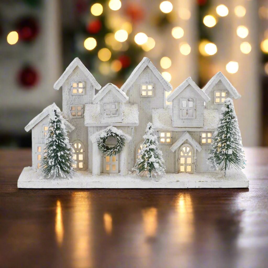 Christmas Rustic 17" LED Snow Covered Wood House Bottle Brush Trees/Wreath - The Primitive Pineapple Collection