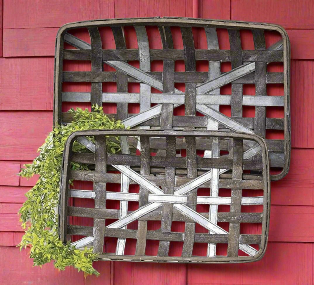 Vintage Rustic Farmhouse Gray Wash Rectangle Tobacco Baskets w/Metal Strips - The Primitive Pineapple Collection