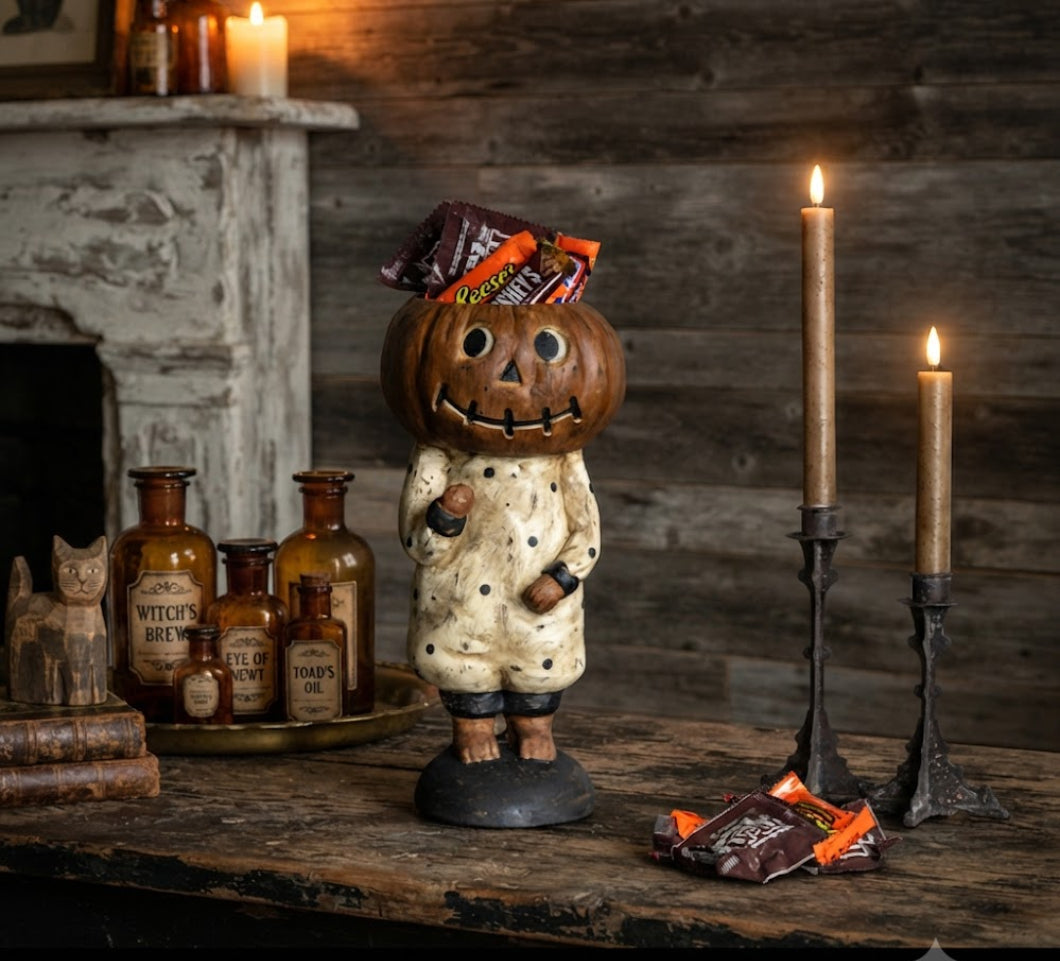 Ragon House Halloween Vintage Look 13.5" Pumpkin Girl w/ Dress Candy Dish Figurine