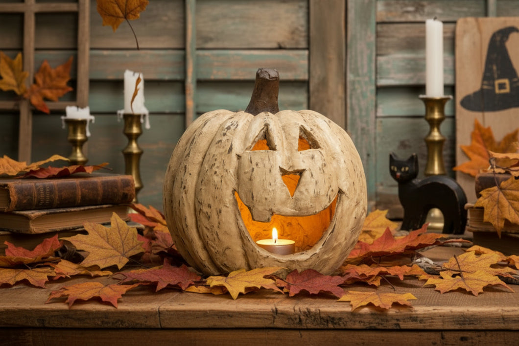 Ragon House Life Size 8" White Big Mouth Pumpkin Jack O Lantern Halloween - The Primitive Pineapple Collection