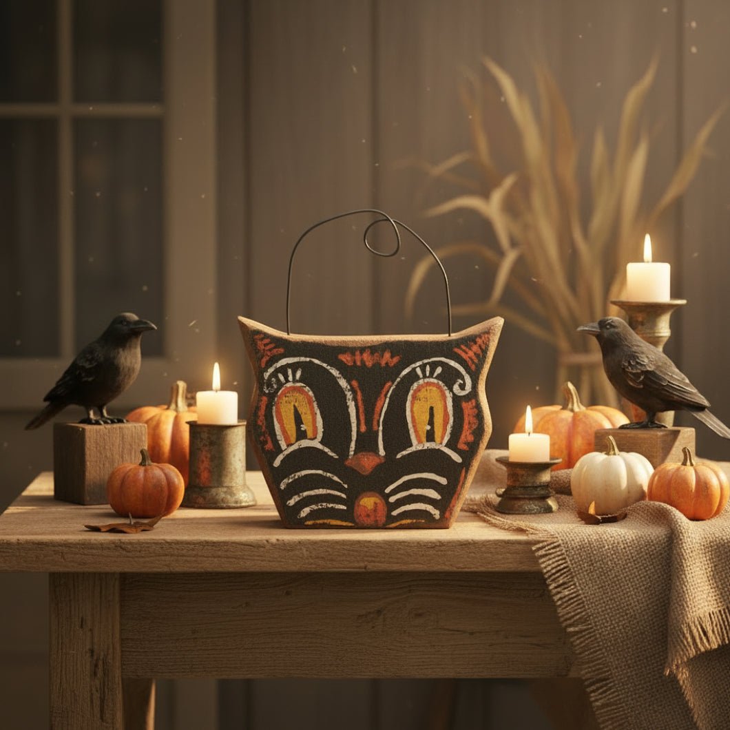 Primitive Rustic Halloween 6" Chunky Wood Black Cat Ornament /Shelf Sitter