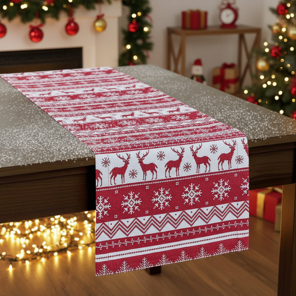 Primitive Christmas Home Holiday Fairisle Red White Reindeer Table Runner 54" L - The Primitive Pineapple Collection